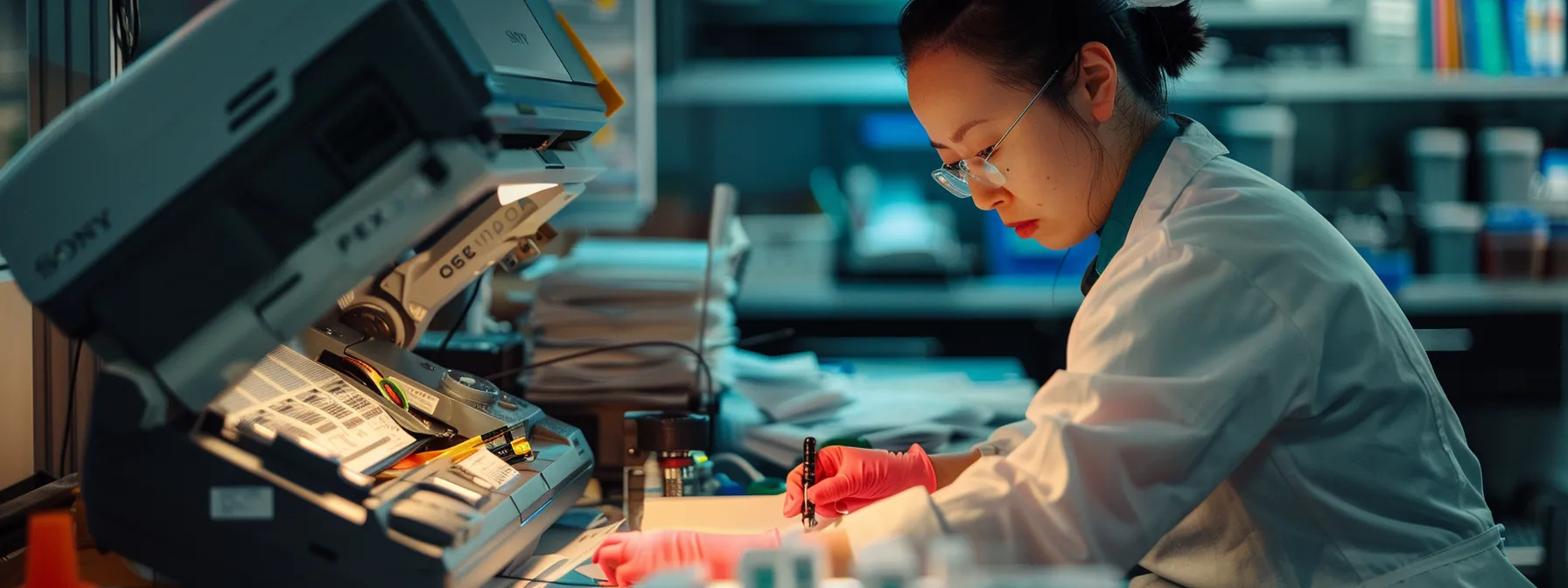 a technician examining a canon photocopier with a focused and determined expression, surrounded by tools and diagnostic equipment, ready to provide professional assistance.