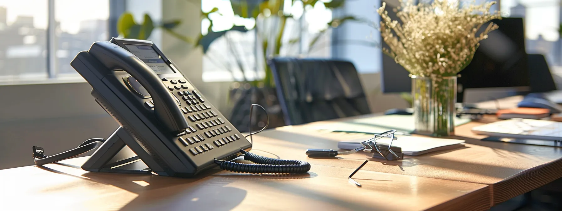 a sleek and modern office desk with a virtual phone system displaying mobile compatibility, fax integration, and caller id features, embodying enhanced communication strategies for businesses.