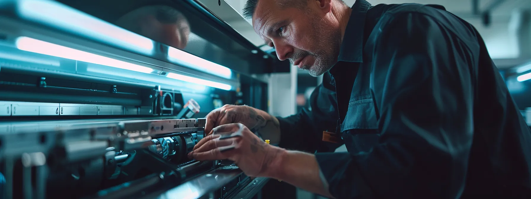 a close-up shot of a technician cleaning the intricate rollers and fuser unit of an office copier, ensuring a smooth and jam-free operation.