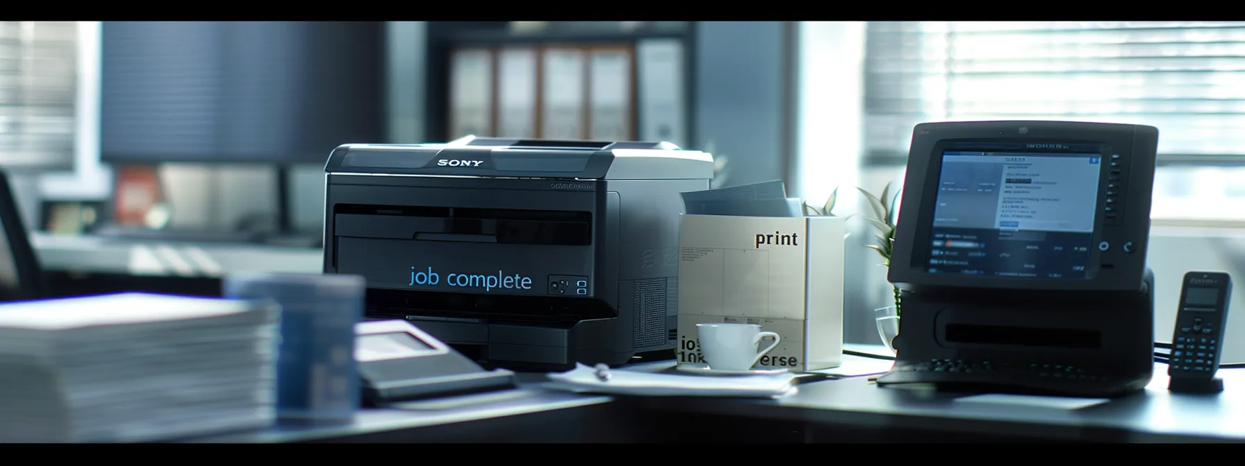 an office desk with a sleek, modern printer displaying 