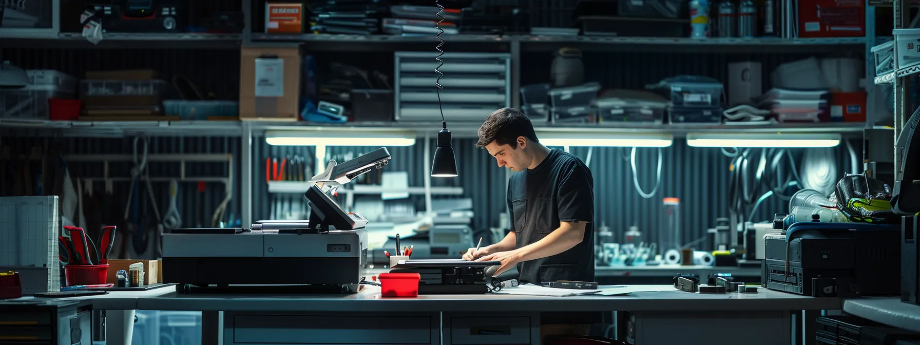 Selecting the Right Sharp Copier Repair Technician in New Jersey 10 a technician in a clean, well-equipped workshop surrounded by various tools and gadgets, focused on repairing a sharp copier.