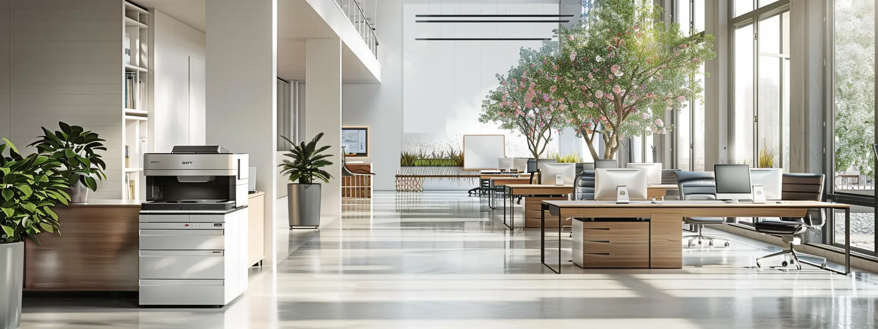a sleek, modern office with a central print station managed by outsourced print management experts, showcasing streamlined efficiency and cost-cutting benefits.