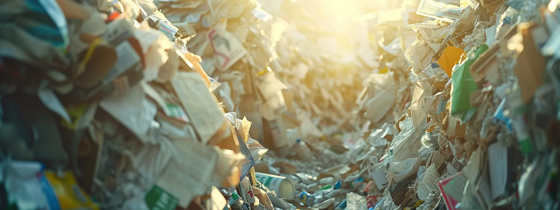 a mountain of discarded paper waste overflowing from recycling bins, highlighting the environmental impact of printing waste.