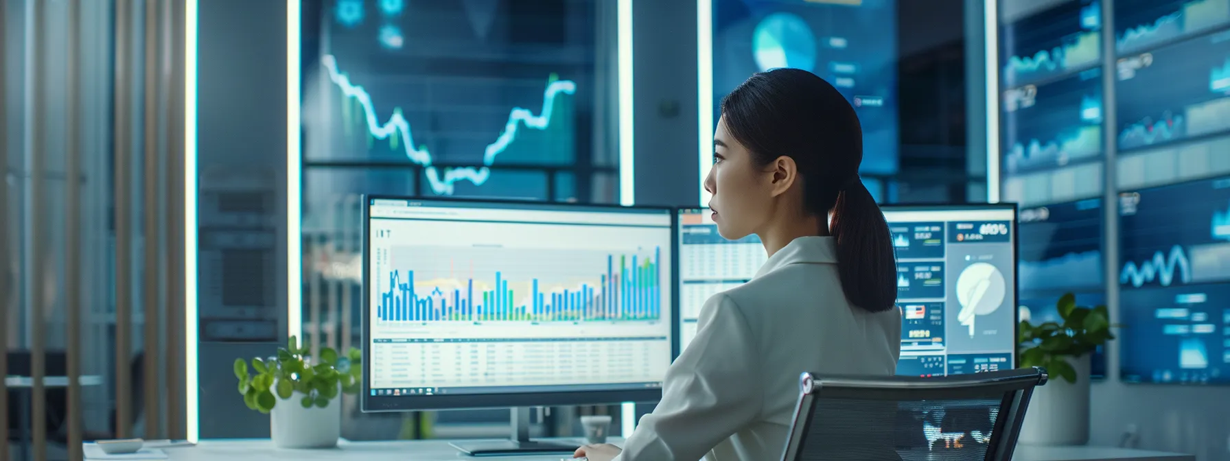 a focused it team member analyzing data on a sleek, modern computer screen displaying real-time performance metrics in a bright, futuristic office setting.