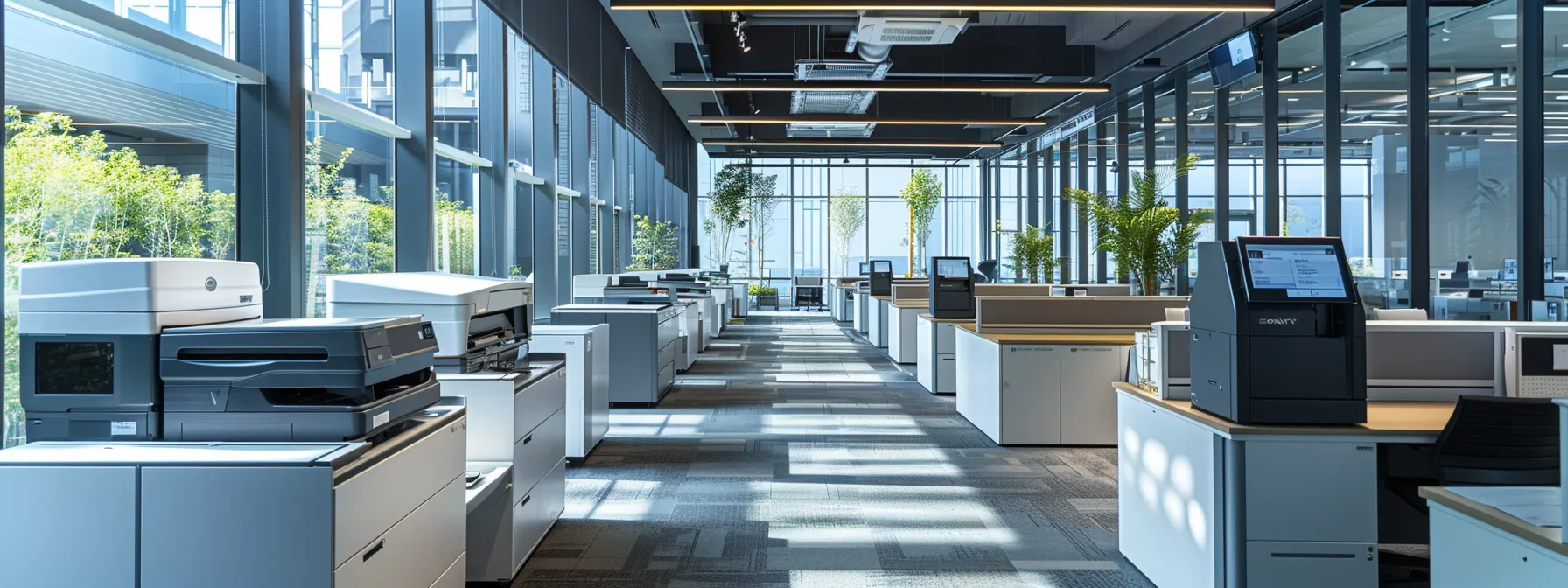 a sleek, modern office with rows of high-tech printers seamlessly integrated into the workspace, showcasing efficiency and cost-saving benefits of managed print services.