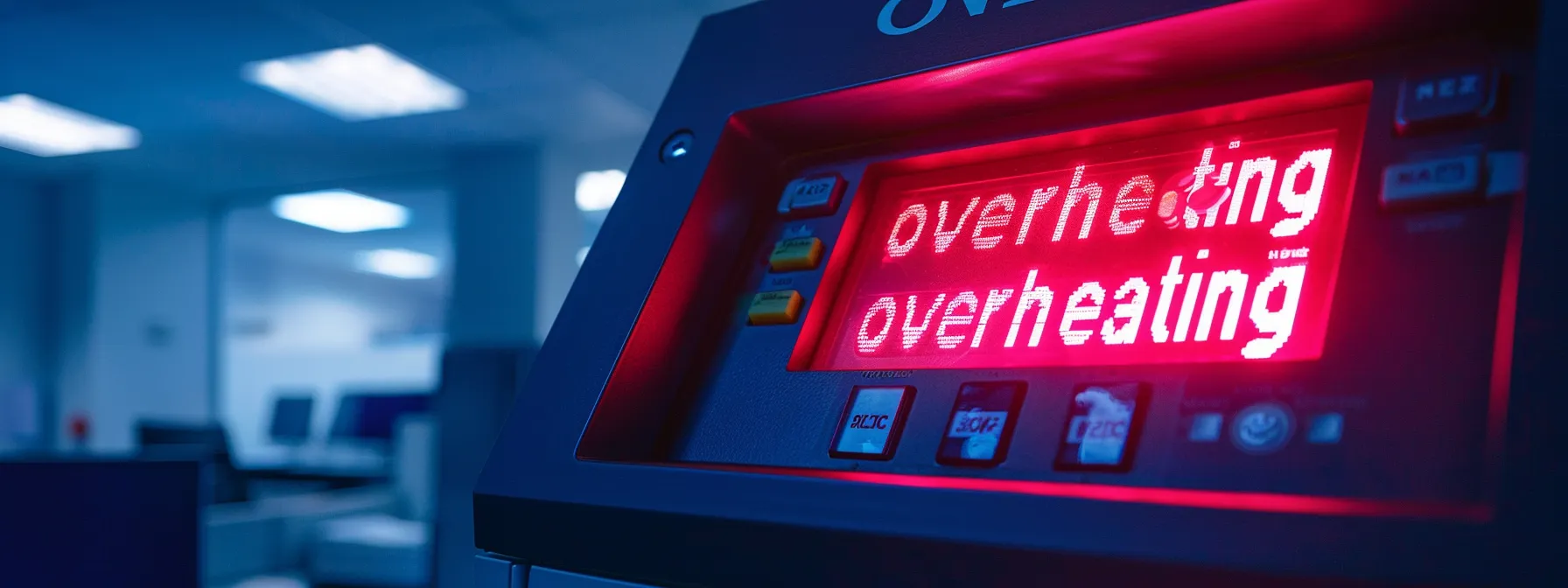 a modern office copier with a bright red 