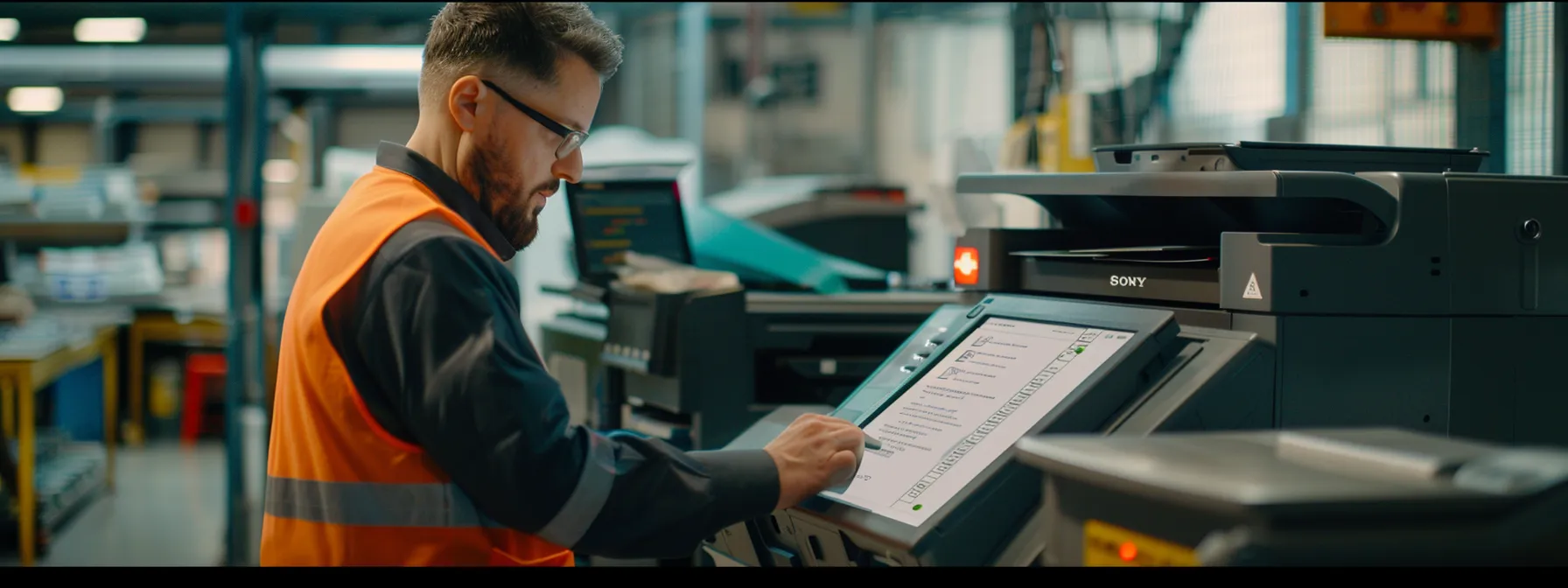 a technician inspecting a sleek, high-tech copier machine with a variety of maintenance contract options displayed on a digital screen.