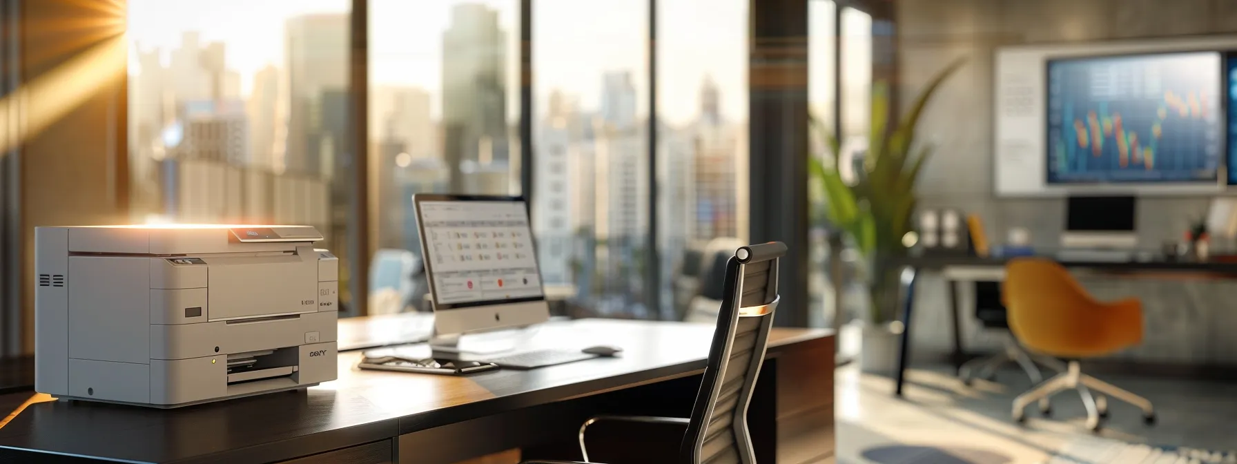 a sleek, modern office with a networked printer station featuring real-time analytics dashboards and automated supply restocking, highlighting the efficiency of print management software solutions.