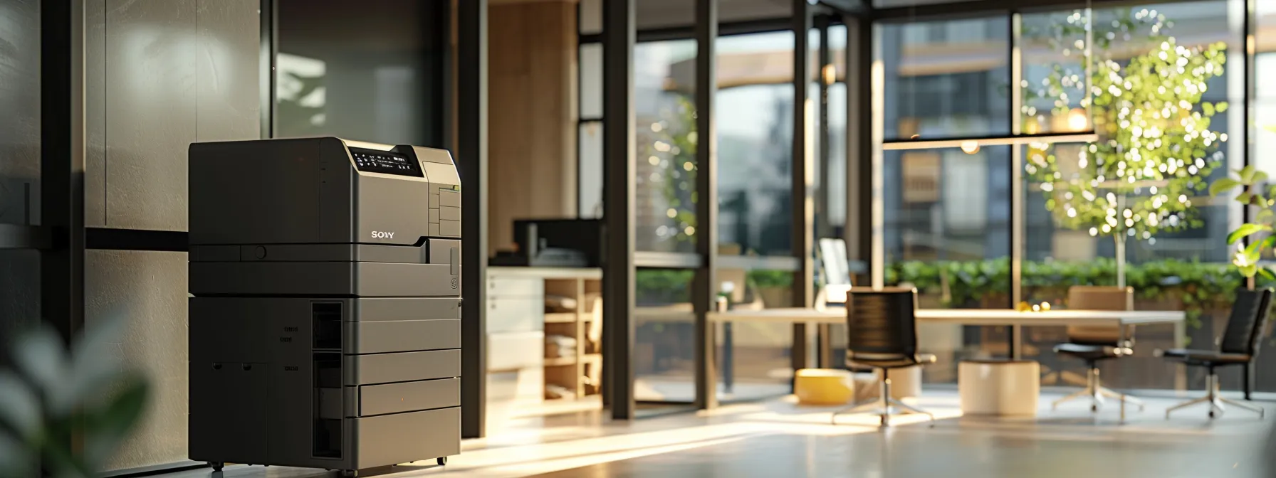 a modern office printer producing double-sided documents in a sleek, eco-friendly workspace.