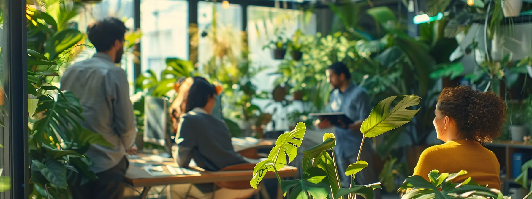 a group of professionals in a modern office space, collaborating with vendors on eco-friendly initiatives, surrounded by lush green plants and sustainable office supplies.