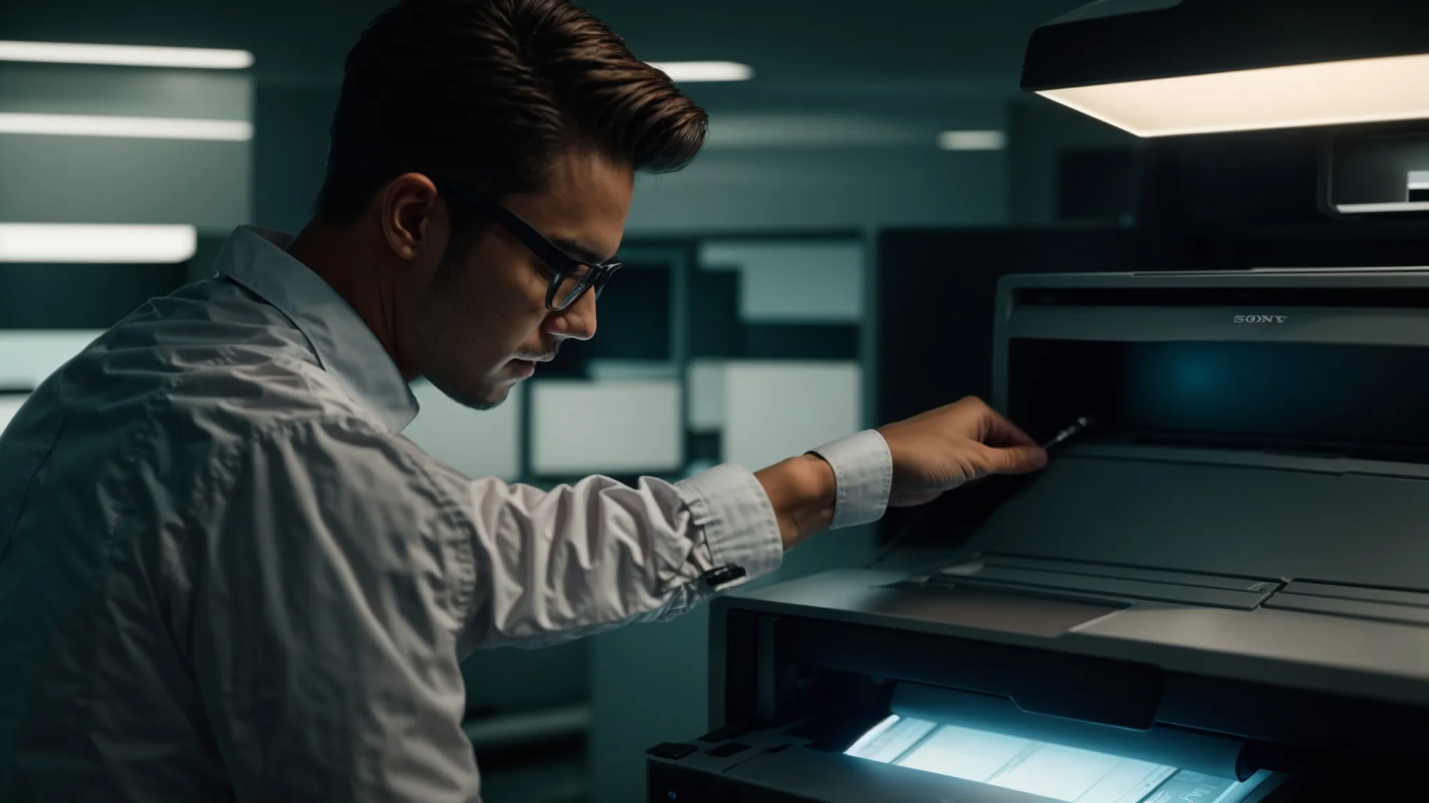 Choosing the Right Photocopier Repair Service Package: A Guide 11 a technician in a crisp uniform swiftly repairing a high-tech photocopier in a corporate office setting.