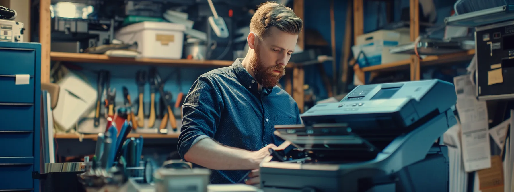 a focused, attentive technician examining a brother copier with a thoughtful expression, surrounded by tools and manuals.