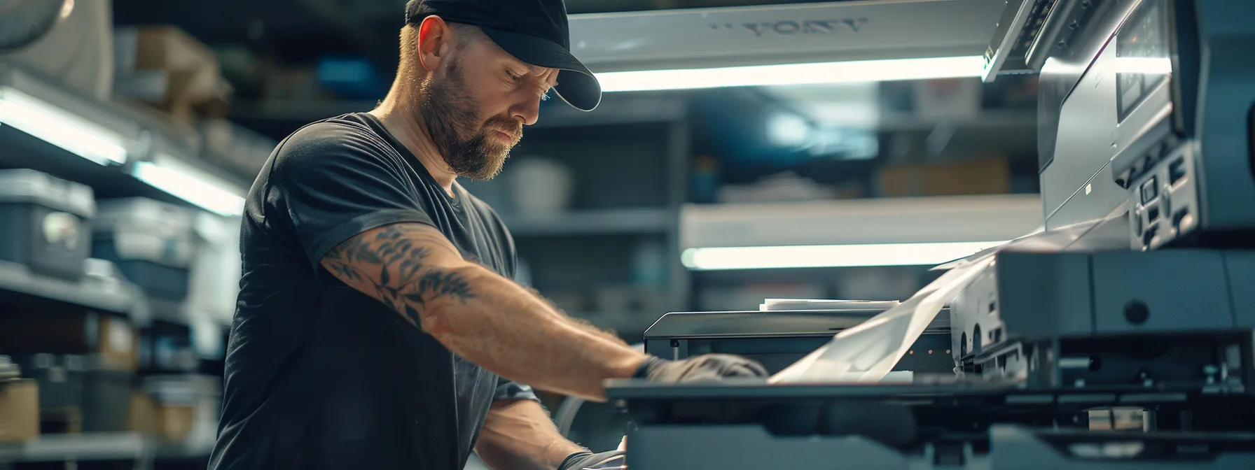 a technician performing routine maintenance on a sleek and modern photocopier machine.