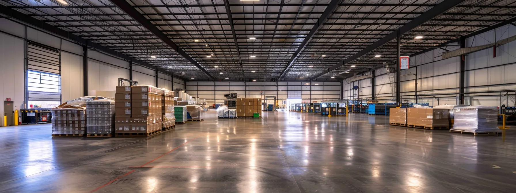 a brightly lit warehouse showcasing state-of-the-art eco-friendly large format printers from leading brands, emphasizing innovation and sustainability.