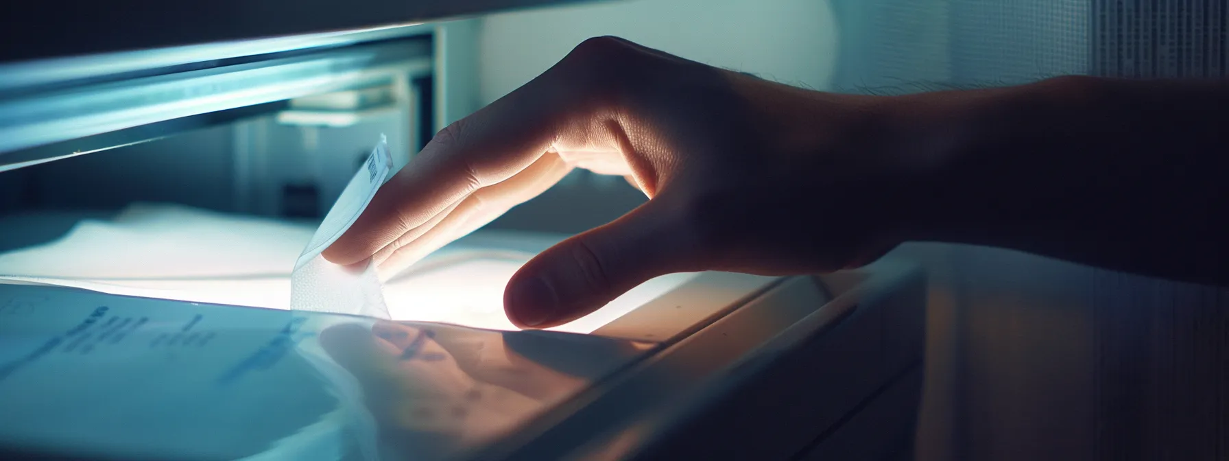 a close-up shot of a hand gently clearing jammed paper from a photocopier's input tray.