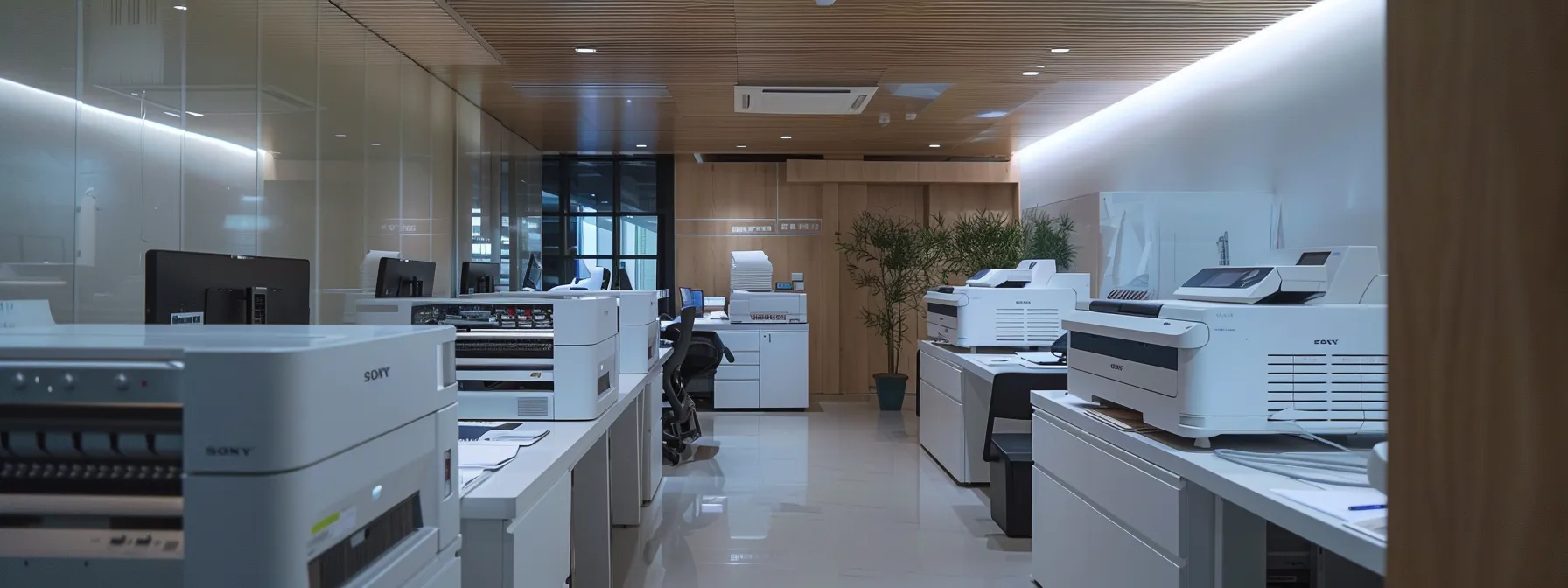 a sleek, modern office space with multiple printers and energy-efficient lighting, showcasing a well-organized printing environment.
