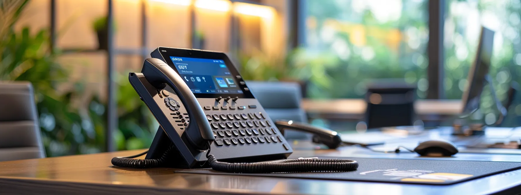 Complete Guide to Professional Phone System Installation for Your Business 11 a modern office desk with a sleek, touch-screen voip phone system, showcasing cutting-edge technology for business communication needs.