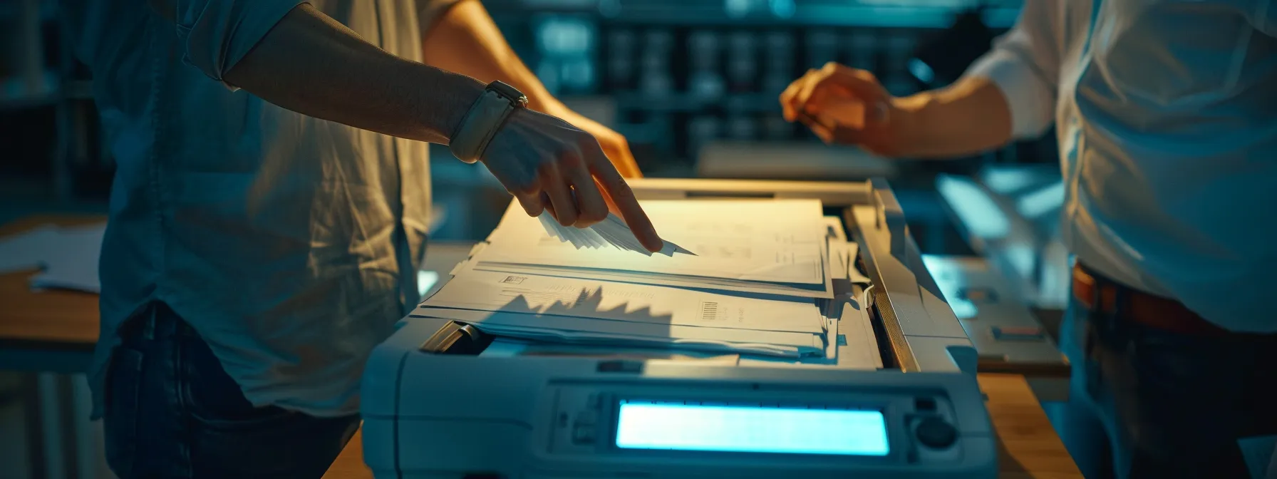 a hand reaching into a photocopier's paper tray filled with misaligned sheets, while another hand inspects the document feeder for obstructions, surrounded by internal paper paths and rollers.