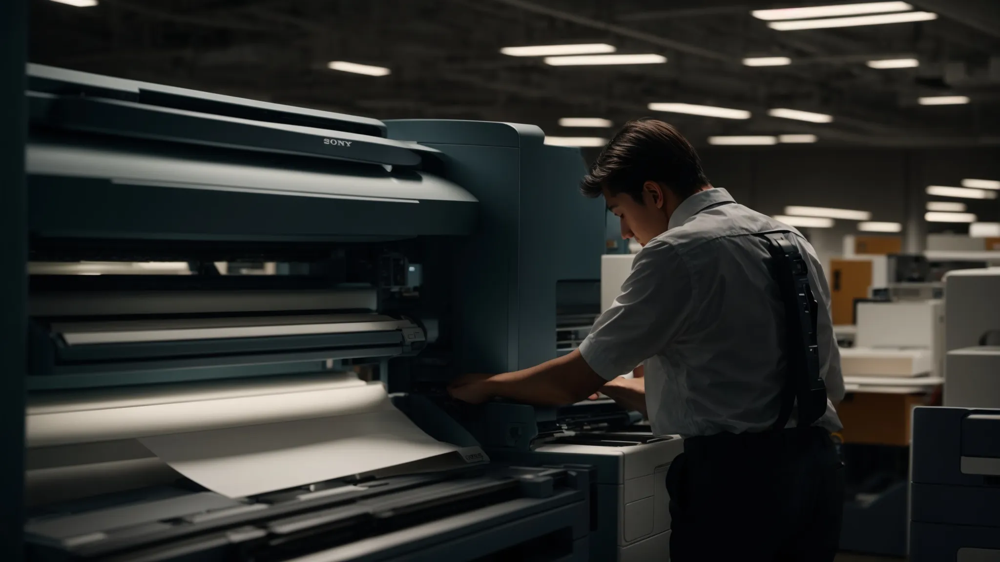 Choosing the Right Photocopier Repair Service Package: A Guide 9 a technician diligently examining a xerox photocopier with paper jams under a harsh overhead light, showcasing the urgency and importance of reliable repair services.