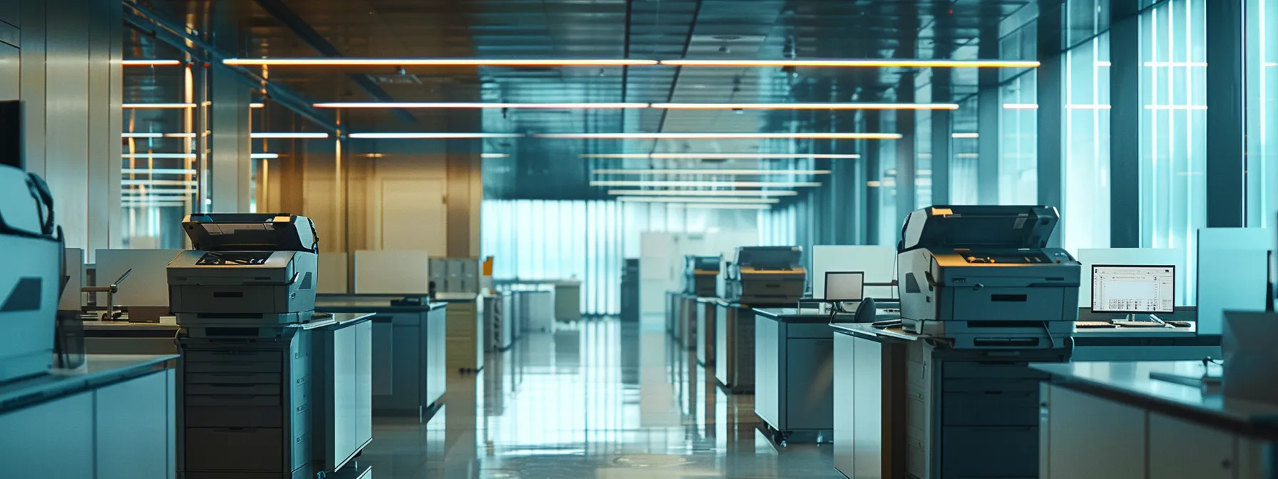 a modern office setting with a sleek, efficient mps provider overseeing a row of high-tech copiers and laser printers.