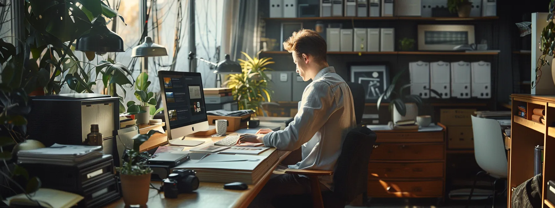 a focused individual comparing various print service options on a sleek, modern desk.