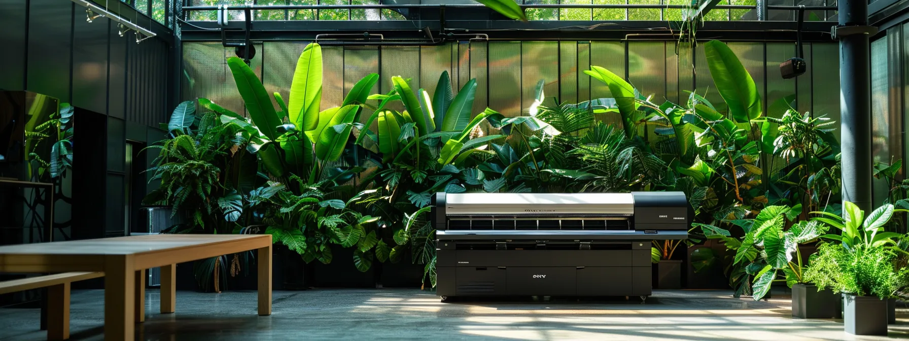 a sleek, eco-friendly large format printer in a modern office, surrounded by lush green plants, emphasizing sustainability and environmental consciousness.