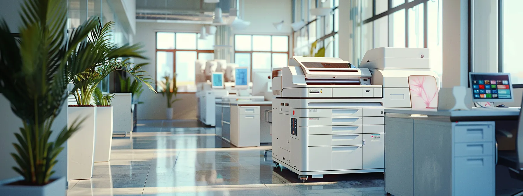 Unlocking Cost Benefits With Managed Print Services: A Guide to Maximizing Savings 9 a modern office with streamlined printing processes, efficient workflow, and optimized resource usage, showcasing significant cost savings and environmental benefits.