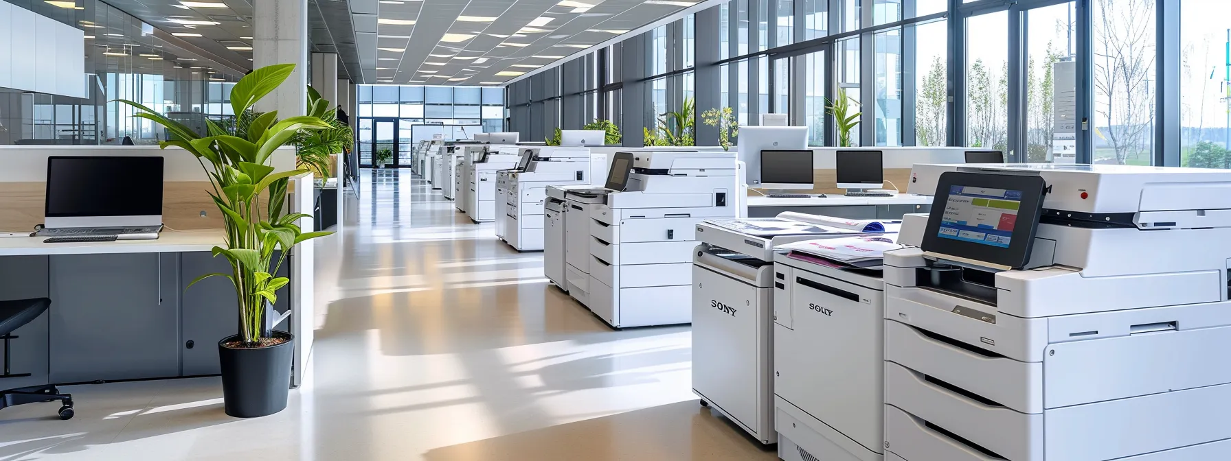 a sleek, modern office with efficient, automated printers producing double-sided prints, saving on costs and reducing waste.