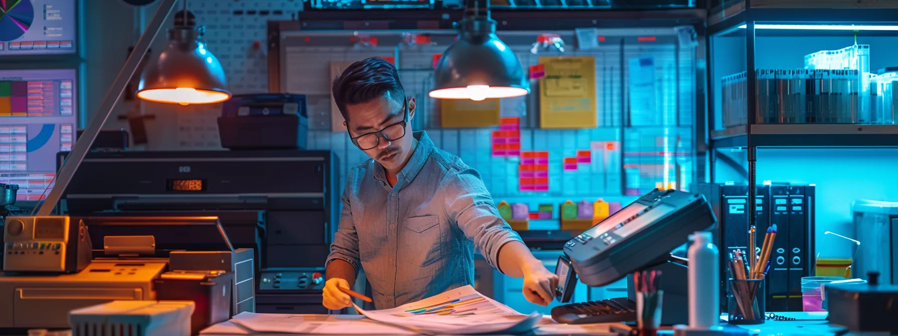 a technician conducting copier maintenance, surrounded by tools and equipment, with a detailed breakdown of pricing displayed on a chart in the background.