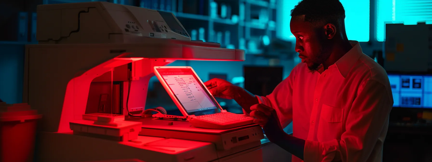 a technician examining a photocopier display with a bright red error code flashing.