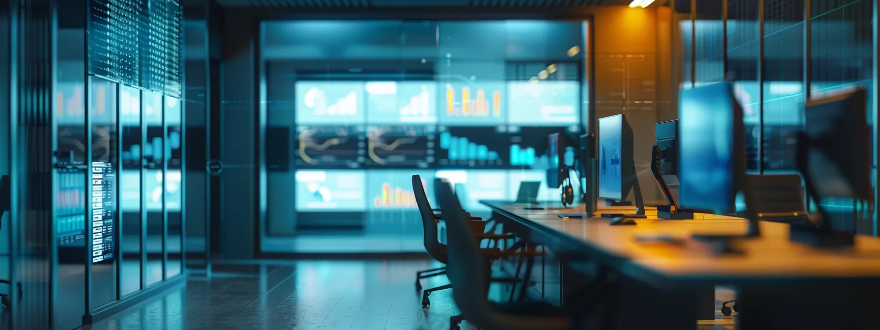 a sleek, modern conference room with multiple screens displaying data on top phone conferencing providers.