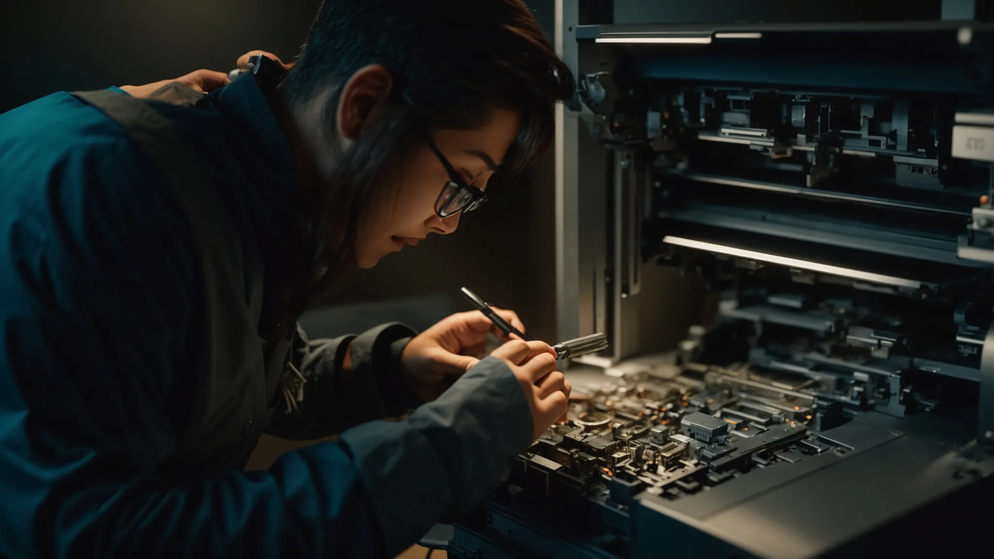 a technician meticulously repairing a photocopier with intricate inner workings, surrounded by tools and diagnostic equipment.