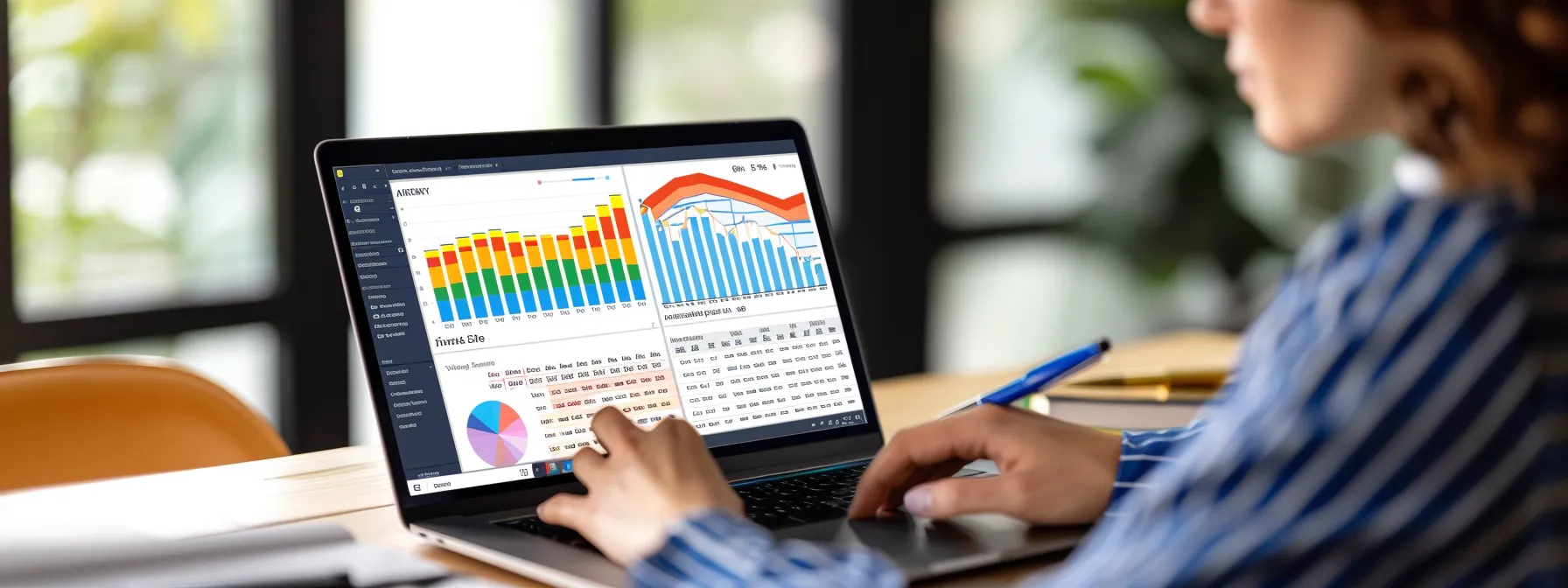 an individual meticulously studying a laptop screen filled with colorful graphs and charts, highlighting the process of comprehensive keyword research for targeted reach.
