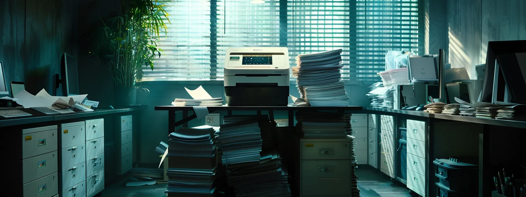 Unlocking Cost Benefits With Managed Print Services: A Guide to Maximizing Savings 10 an office printer surrounded by stacks of unused paper and empty ink cartridges, highlighting the inefficiencies and hidden costs of traditional printing methods.