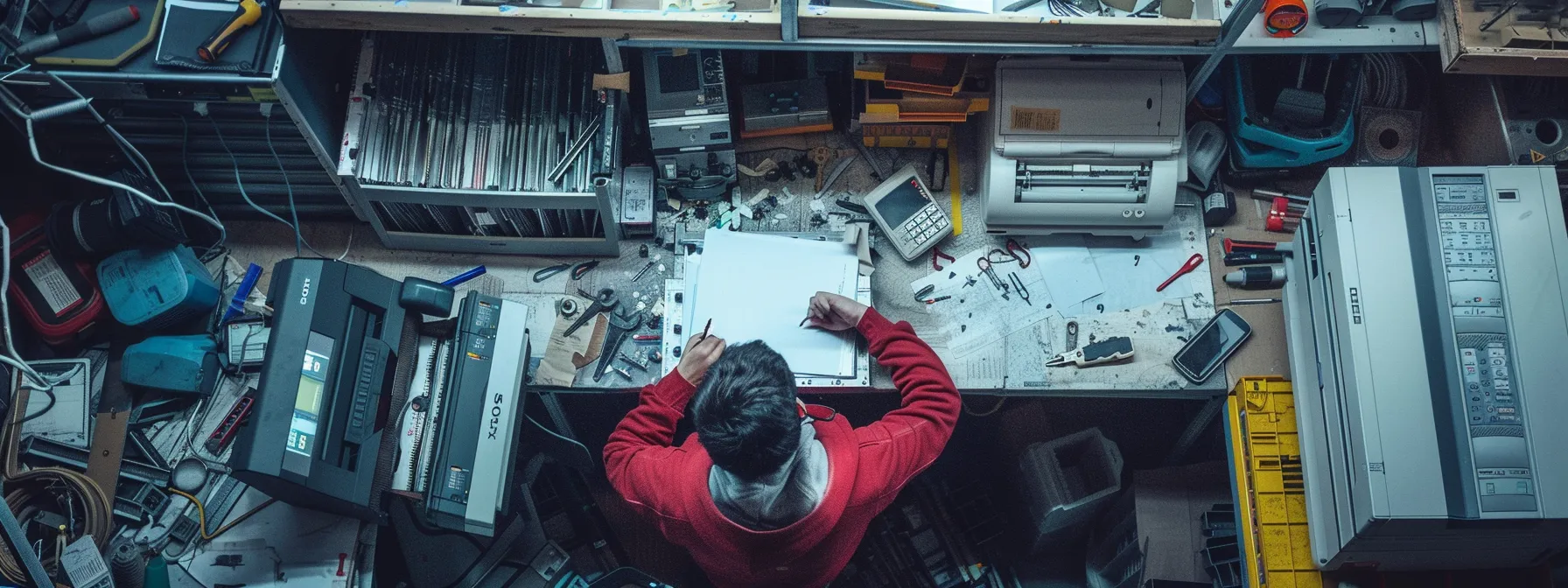 Comprehensive Guide to Commercial Photocopier Repair Rates 11 a technician examining a disassembled photocopier, surrounded by a variety of tools and diagnostic equipment on a cluttered workbench.
