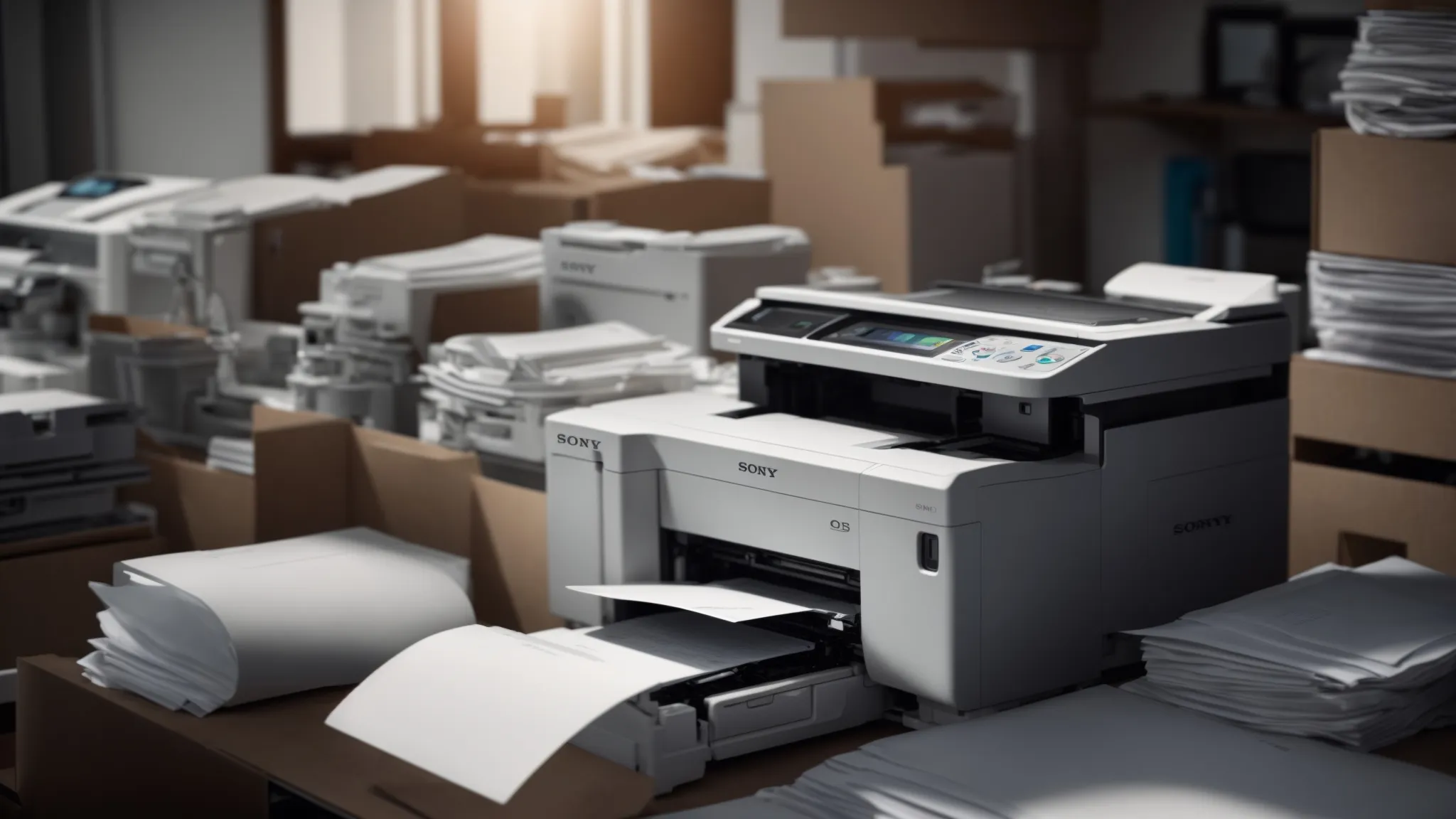 a sleek, modern photocopier sitting next to a pile of repair bills, illustrating the decision between costly repairs and a new purchase.