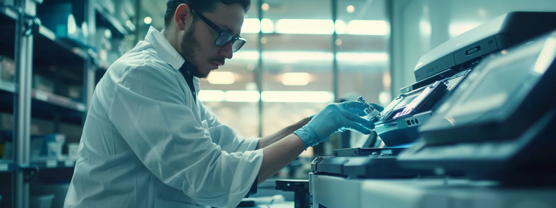 a skilled technician carefully replacing toner in a high-tech photocopier machine in a modern office setting.