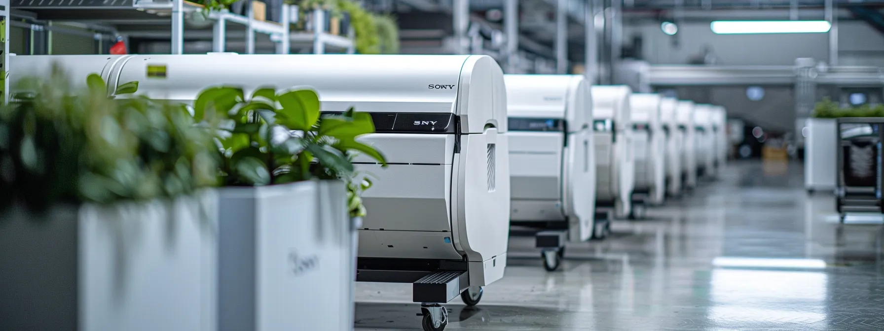 a lineup of eco-friendly large format printers showcasing their energy efficiency, sustainable materials, emission levels, and cost efficiency, with customer support and warranty services highlighted in the background.