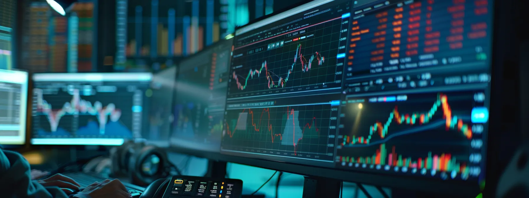 a person analyzing a detailed chart of financial data with a focused expression, surrounded by charts and graphs showcasing savings and growth.