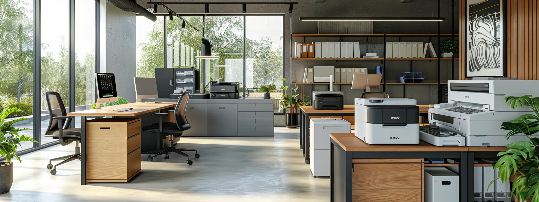 a sleek, modern office setting with state-of-the-art printers and cloud computing technology, showcasing the cost-saving benefits of managed print services.