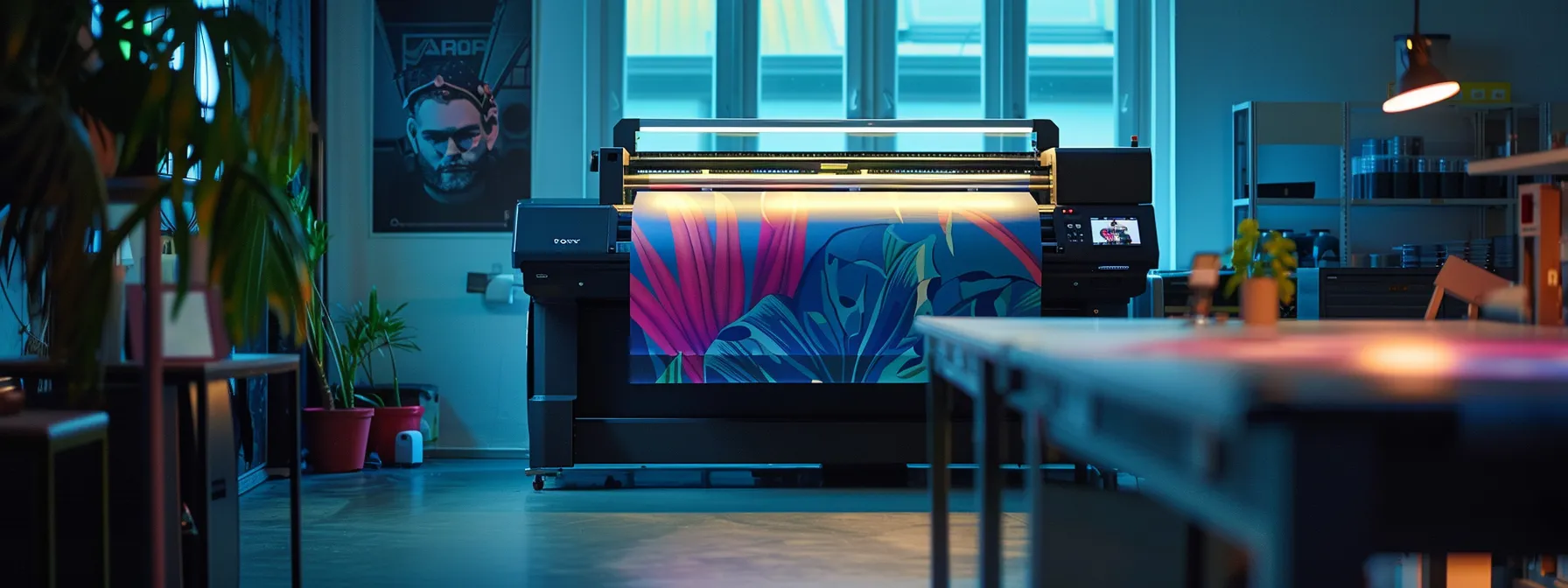 a massive large format printer producing vibrant, detailed banners for an advertising campaign.