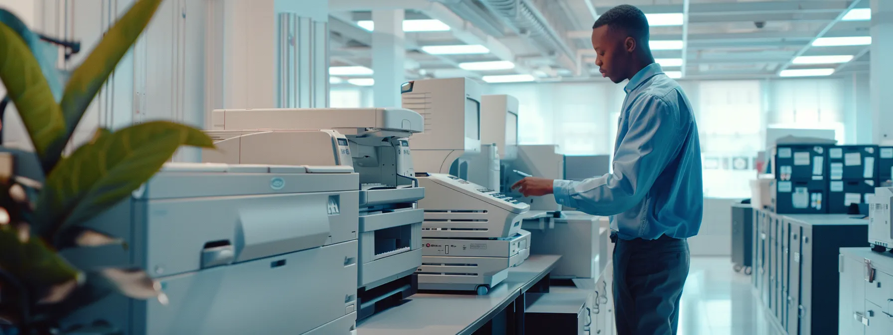 Effective Guide to Solving Copier Connectivity Issues 13 a technician conducting a thorough maintenance check on a sleek, modern copier machine in a bright, organized office setting.