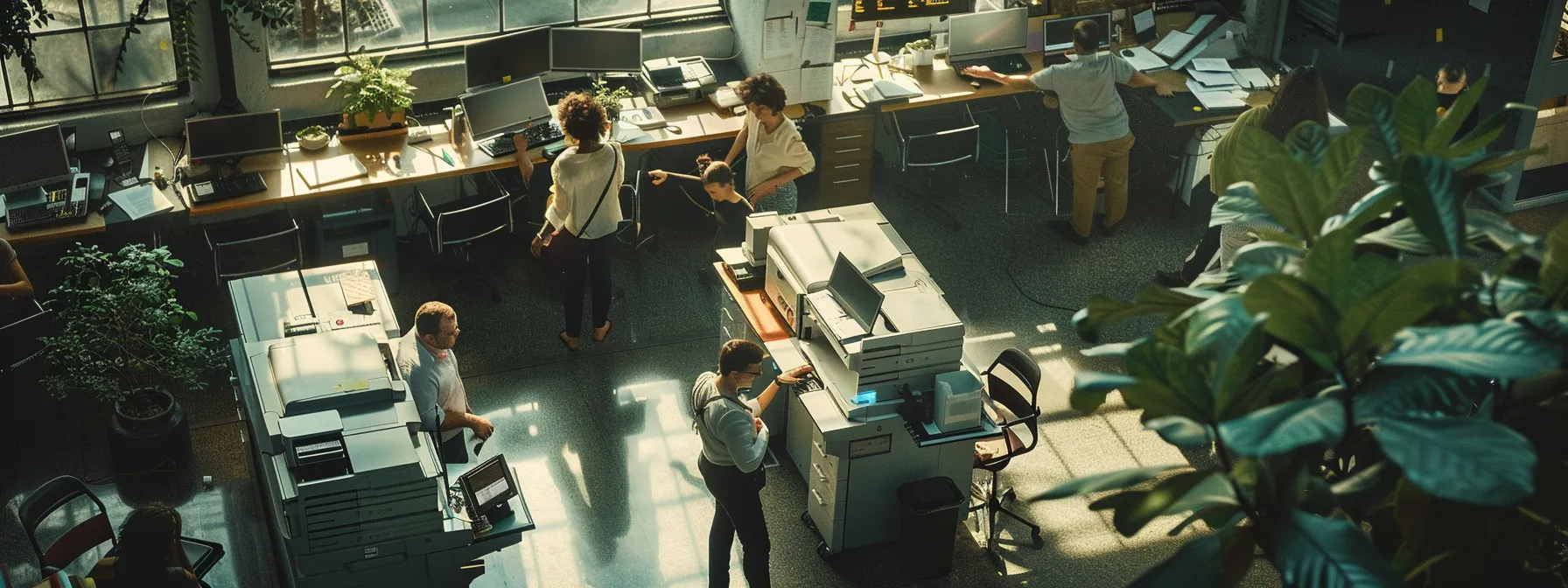 a busy office setting with printers defaulting to duplex and monochrome printing, workers using digital alternatives, and limited access to color printing options, showcasing cost-effective printing policies in action.