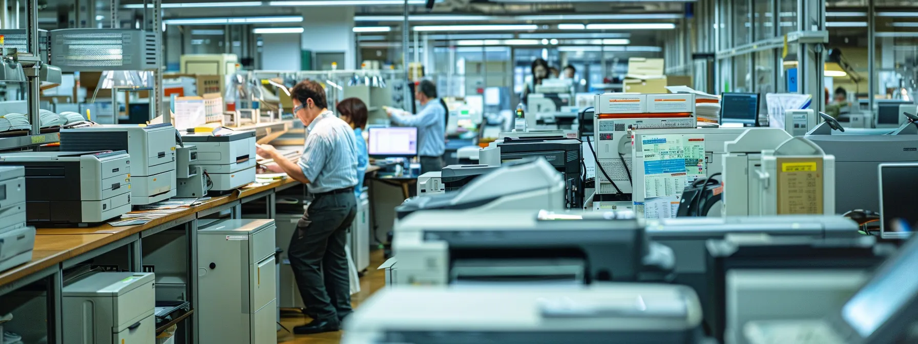 a busy office with employees conducting thorough assessments of printers, analyzing toner prices, maintenance fees, equipment utilization, duplex printing practices, workflow bottlenecks, and redundancies to optimize productivity and savings.