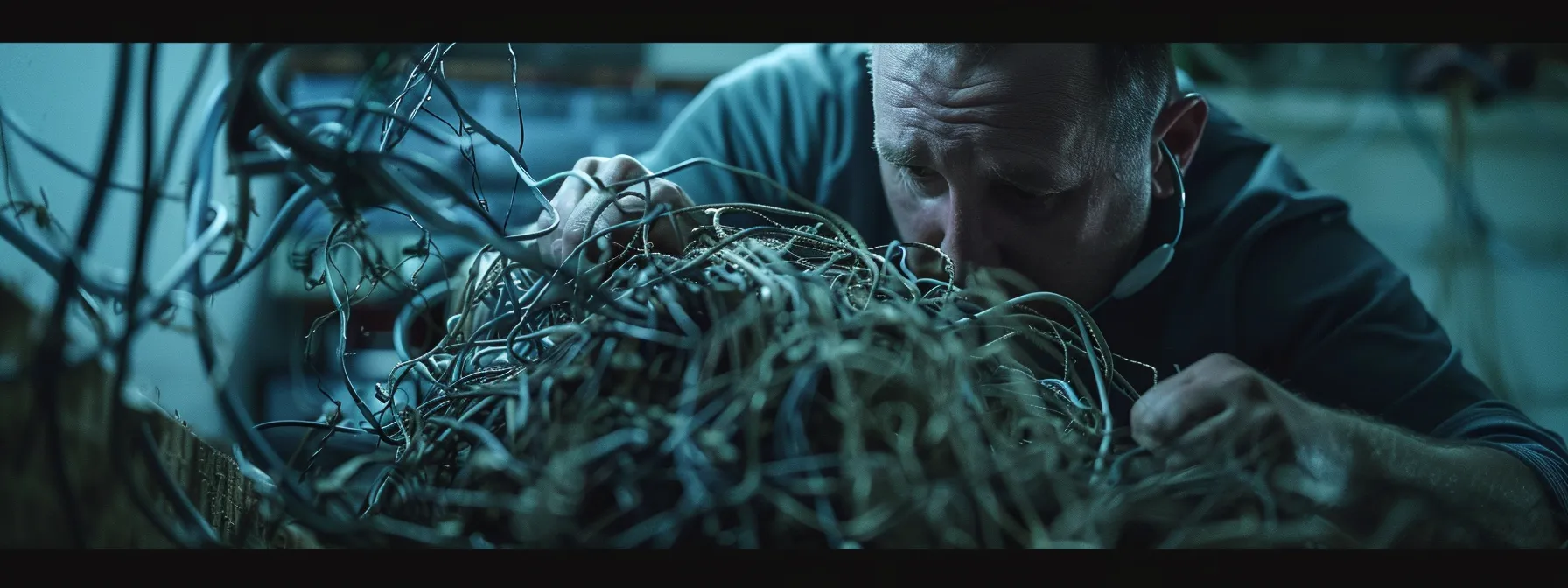 a technician carefully inspecting frayed cords and damaged outlets for a photocopier, ensuring stable electrical connections and preventing overheating issues.