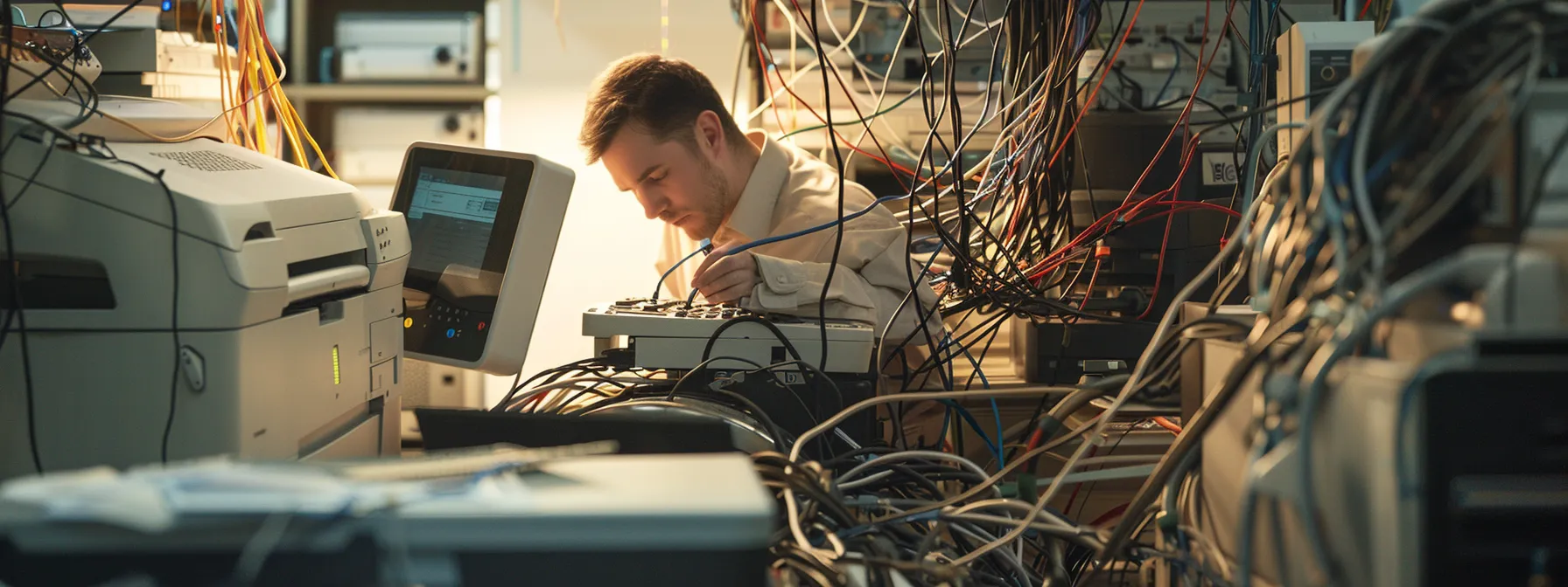 Effective Guide to Solving Copier Connectivity Issues 9 a technician troubleshoots a copier, surrounded by tangled network cables, outdated firmware discs, and a malfunctioning printer, symbolizing common connectivity issues in the office.