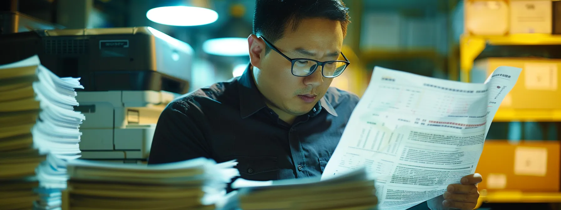 a business owner carefully examining detailed service agreements and cost breakdowns with a focused expression, surrounded by stacks of printed documents and a sleek printer in the background.
