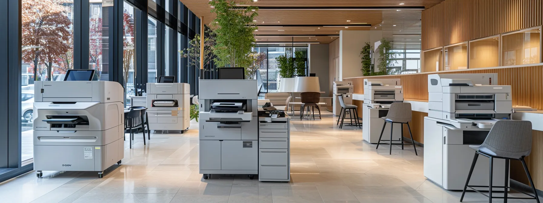 a sleek, modern office space with strategically placed multi-function printers for efficient document management and cost reduction.