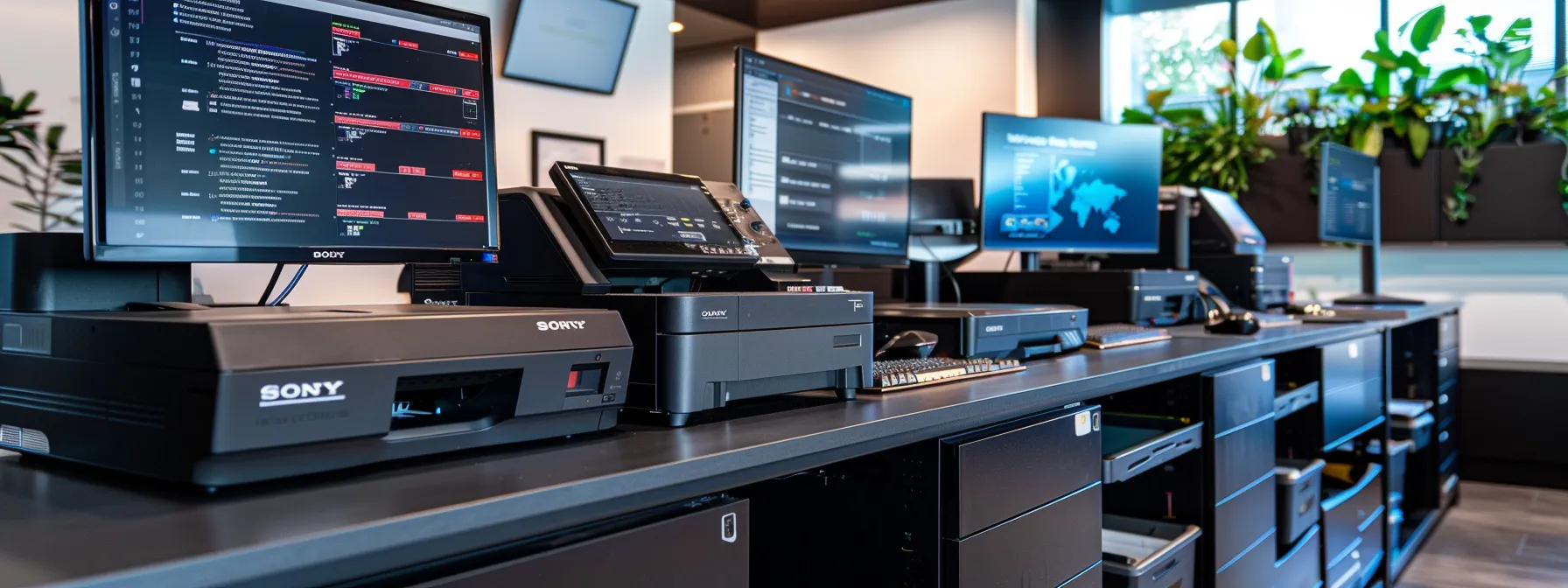 a modern office with sleek, high-tech printers and monitors displaying real-time analytics on print usage and costs.