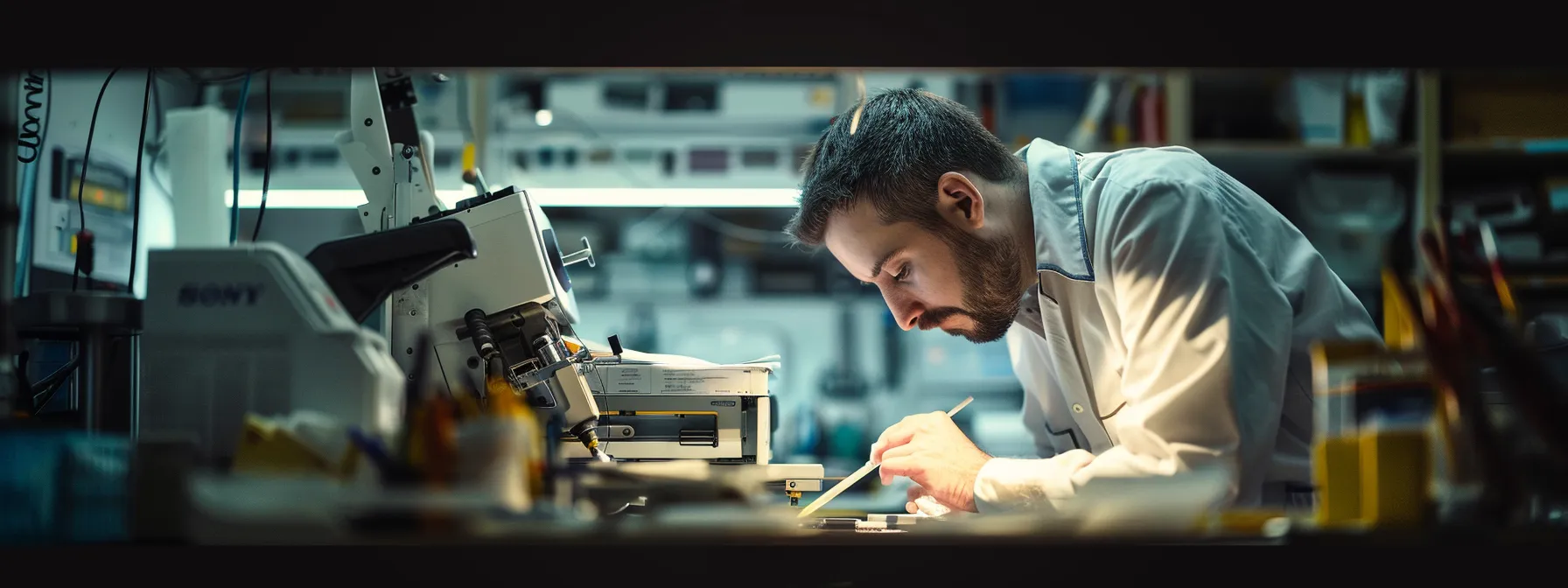 an expert technician carefully repairing a malfunctioning print head in a brother copier, surrounded by tools and diagnostic equipment.